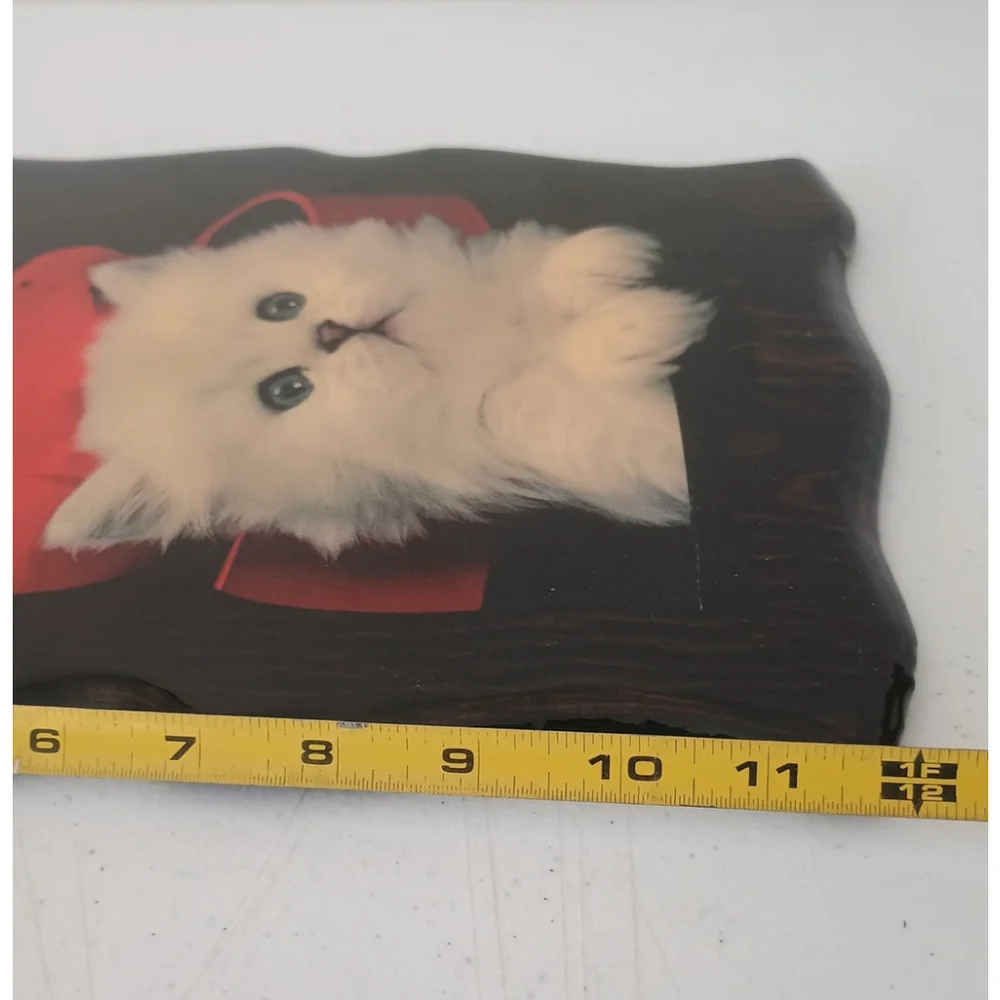 Vintage Lacquered Wood White Persian Cat Kitten W/ Red Bow Plaque
